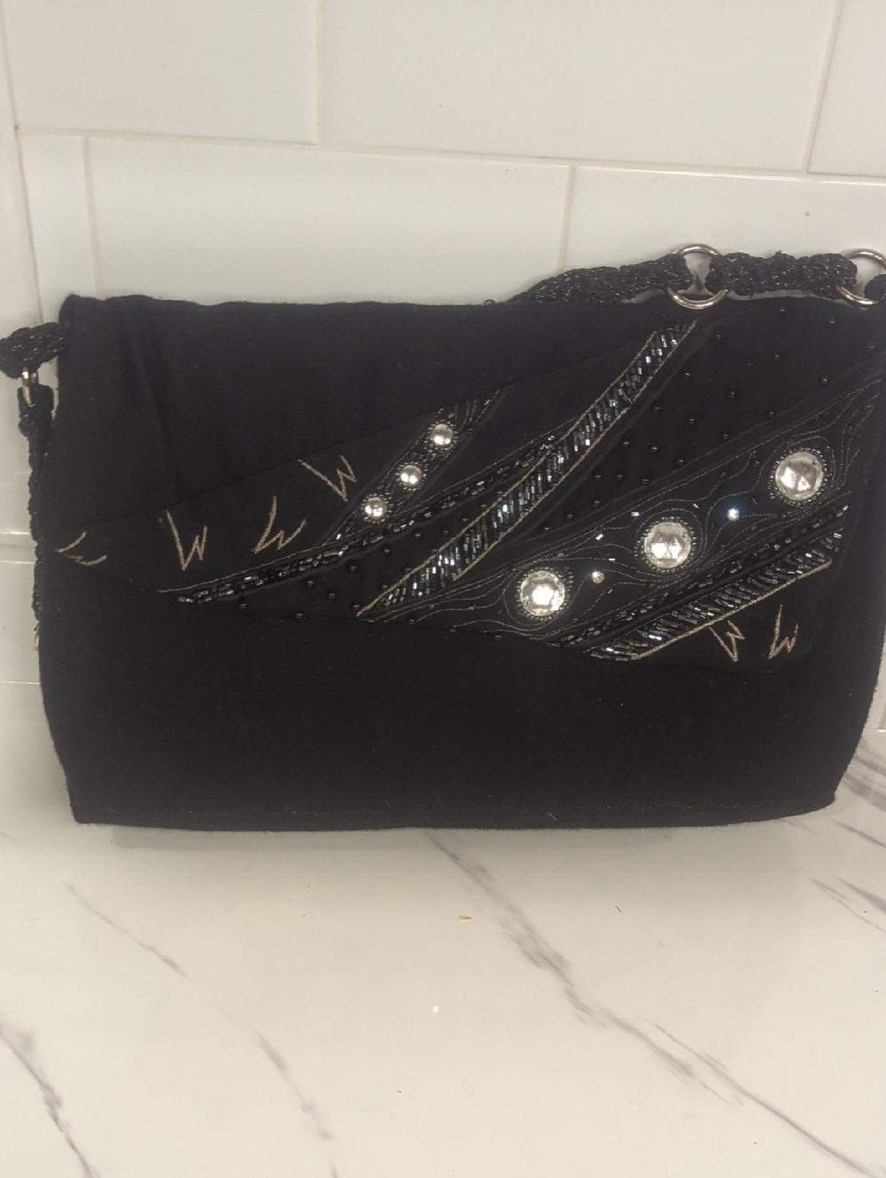 HANDMADE 90s Black Beaded Evening Shoulder Bag